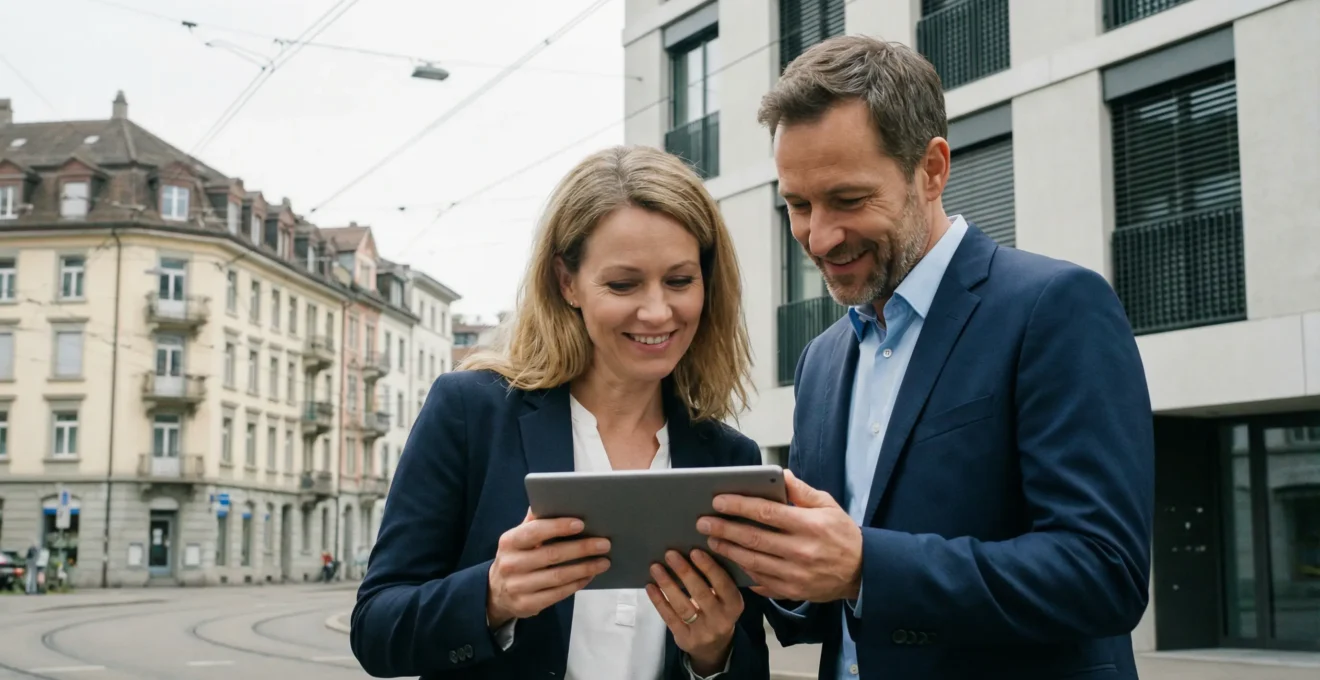 Immobilienpreis-Recherche in Zürich auf Tablet vor modernem Wohngebäude
