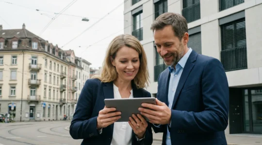 Immobilienpreis-Recherche in Zürich auf Tablet vor modernem Wohngebäude