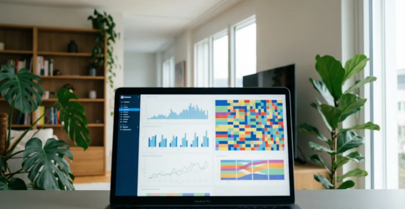 Laptop-Bildschirm mit Immobiliendaten und Diagrammen in moderner Wohnung