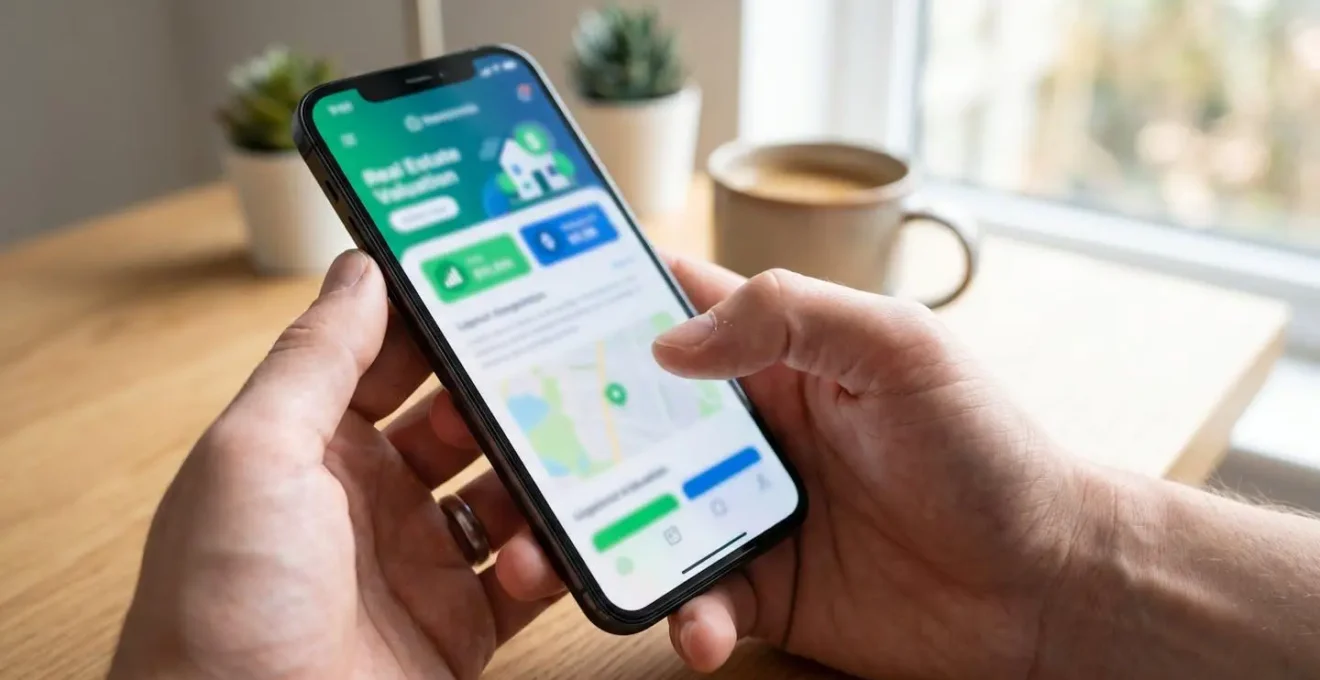 Eine Hand hält ein modernes Smartphone, auf dem eine Immobilienbewertungs-App geöffnet ist, der Bildschirm ist unscharf im Hintergrund, helles natürliches Seitenlicht