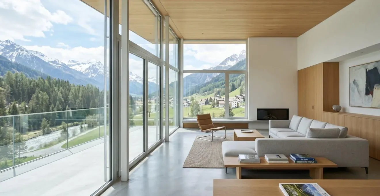 Ein helles, modernes Wohnzimmer in Zürich mit grossen Fenstern, durch die natürliches Tageslicht strömt, zeitgenössische Architektur, keine Personen sichtbar