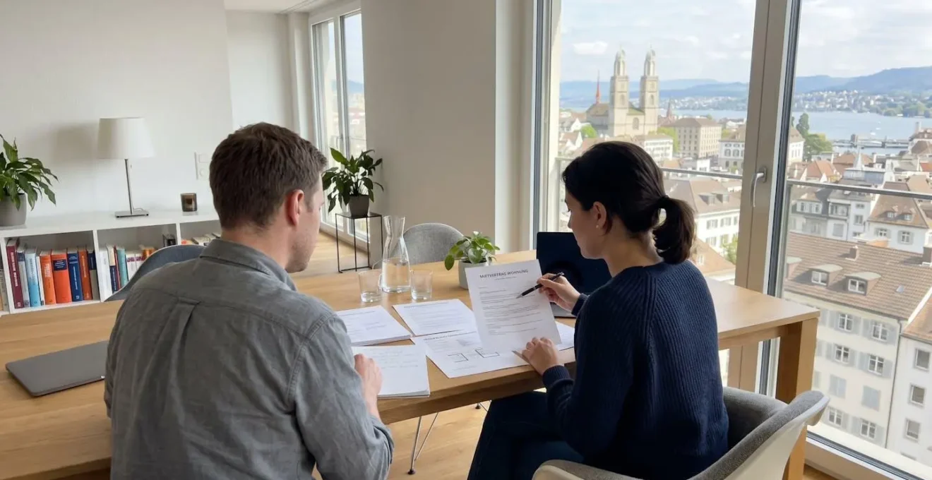 Ein Paar sitzt an einem modernen Esstisch in einer hellen Zürcher Wohnung und bespricht Dokumente, während Tageslicht durch grosse Fenster fällt