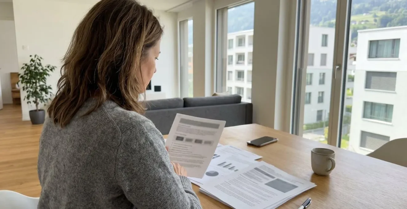 Person von hinten oder im Profil prüft einen gedruckten Immobilienbewertungsbericht auf einem modernen Tisch in hellem zeitgenössischem Innenraum