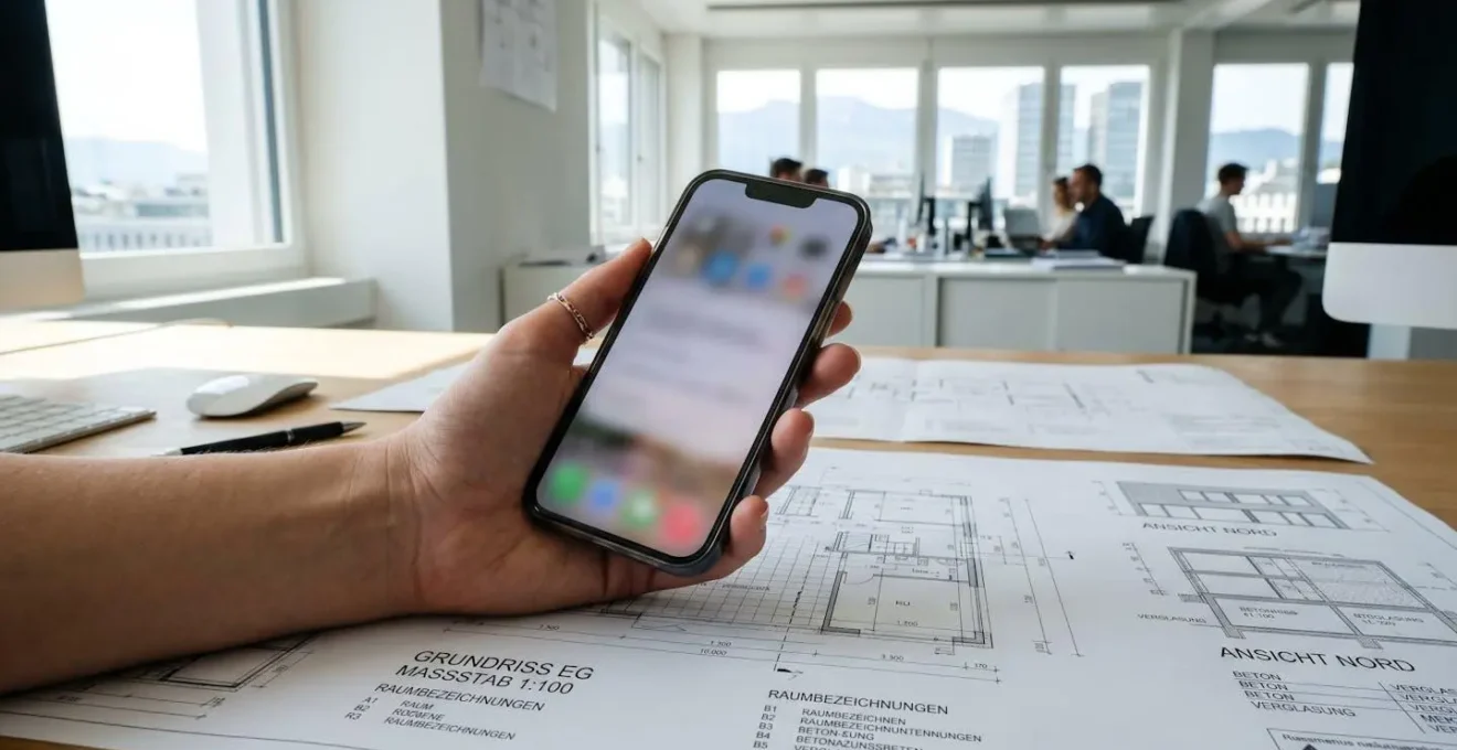 Eine Hand hält ein modernes Smartphone vor unscharfen Architekturplänen auf einem hellen Schreibtisch