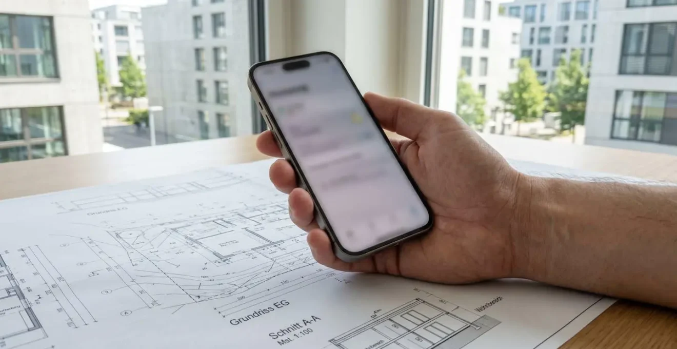 Eine Hand hält ein modernes Smartphone vor unscharfen Architekturplänen auf einem hellen Schreibtisch