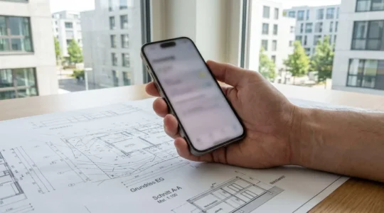 Eine Hand hält ein modernes Smartphone vor unscharfen Architekturplänen auf einem hellen Schreibtisch