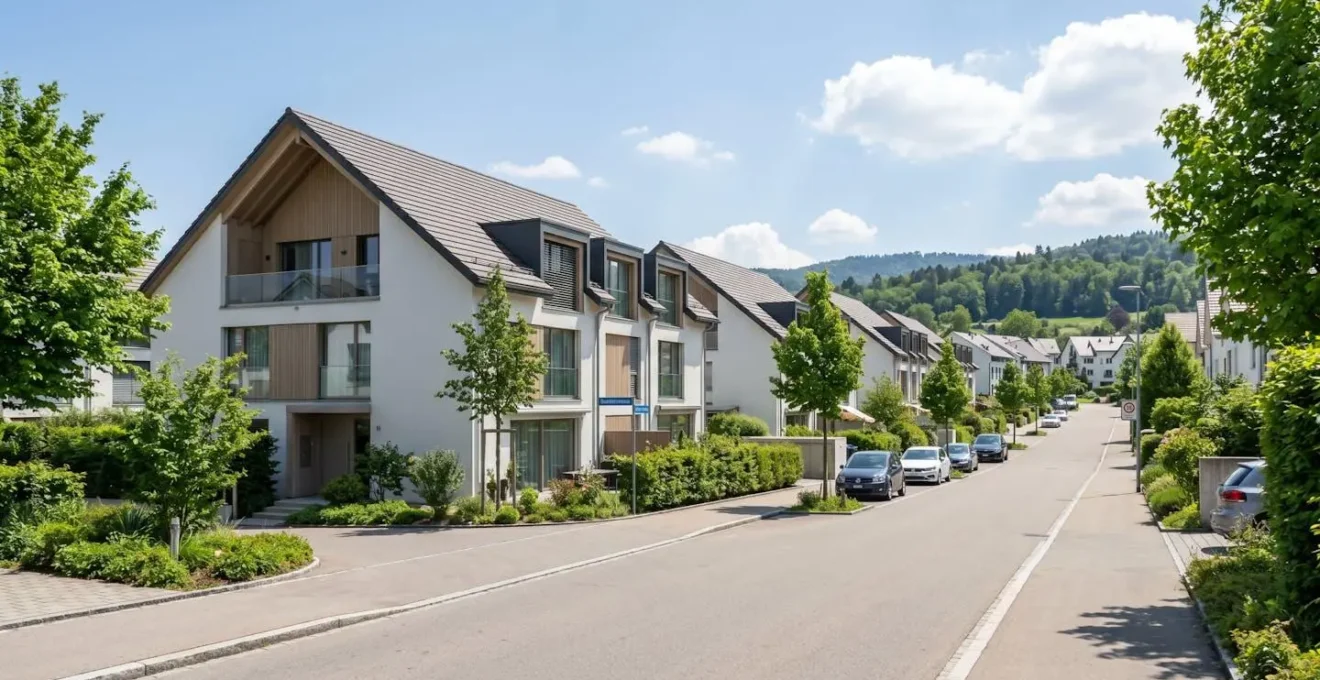 Moderne Reihenhäuser mit geneigten Dächern in einem zeitgenössischen Schweizer Wohnquartier bei Tageslicht, menschenleere Strasse im Vordergrund