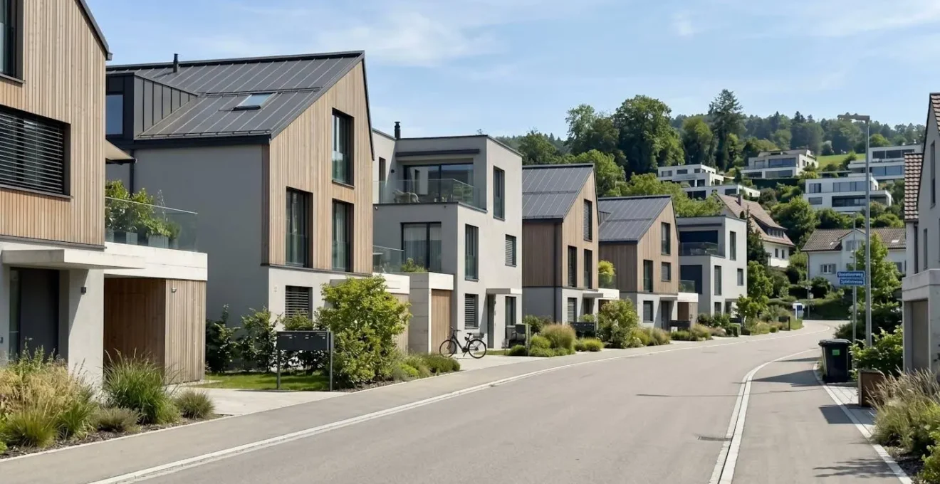 Moderne Reihenhäuser mit geneigten Dächern in einem zeitgenössischen Schweizer Wohnquartier bei Tageslicht, menschenleere Strasse im Vordergrund
