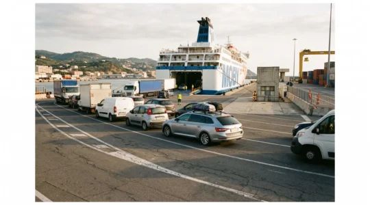 Auto vor einer Autofähre auf dem Weg nach Sardinien