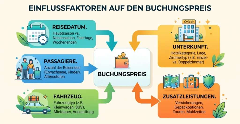 Schema der Faktoren, die den Preis einer Sardinien-Fähre beeinflussen Schema der Faktoren, die den Preis einer Sardinien-Fähre beeinflussen