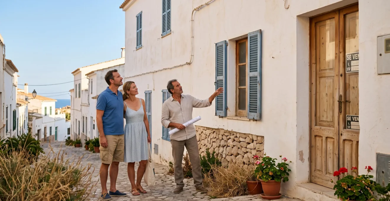 Ein Paar besichtigt mit einem Architekten ein traditionelles Stadthaus auf Menorca.