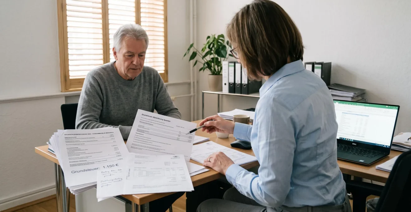Eine Beraterin erklärt ihrem Kunden auf einem Beleg laufende Immobilienkosten.